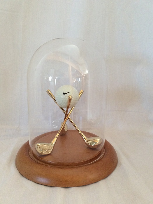 5.5"x8" Glass Dome Golf Ball Display w/ Brass Crossed Clubs Oak