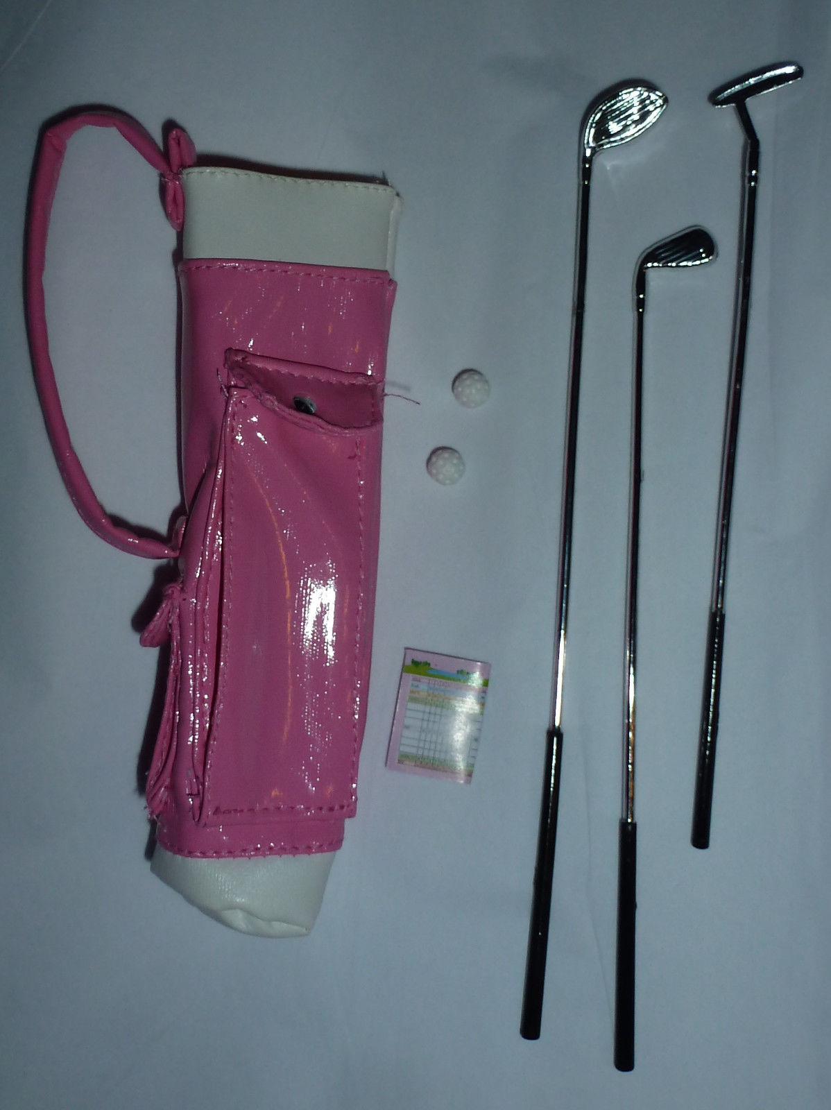 BARBIE DOLL FAUX LEATHER PINK GOLF BAG BALLS CLUB MINI ACCESSORY